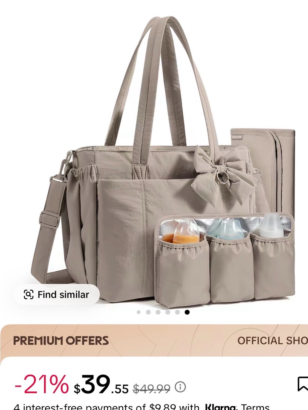 Neutral Taupe Baby Diaper Tote Bag with Bow Accent